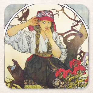 Girl and Geranium, Mucha Square Paper Coaster