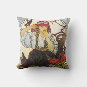 Girl and Geranium, Mucha Throw Pillow