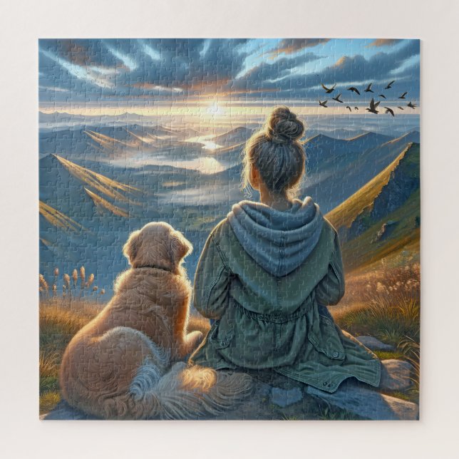 Girl and Golden Retriever On A Mountaintop Jigsaw Puzzle (Vertical)