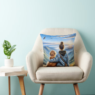 Girl and Golden Retriever On A Mountaintop Throw Pillow