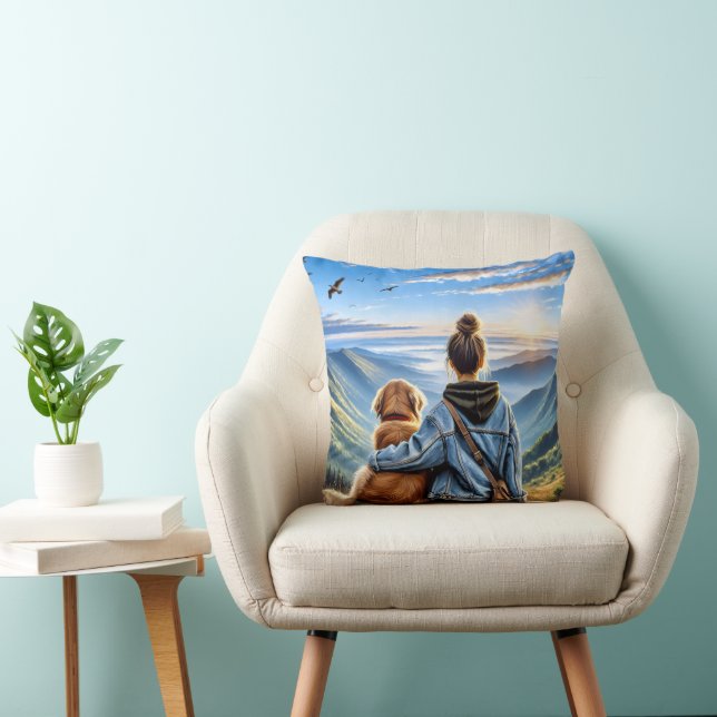 Girl and Golden Retriever On A Mountaintop Throw Pillow (Chair)