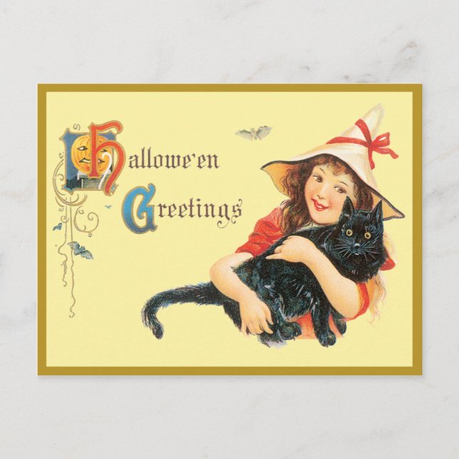 Girl And Her Cat Vintage Postcard (Front)