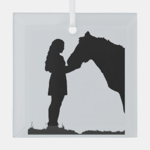 Girl and Her Horse Love Horses Silhouette Glass Ornament
