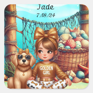 Girl and her puppy can be Personalize name, date Square Sticker
