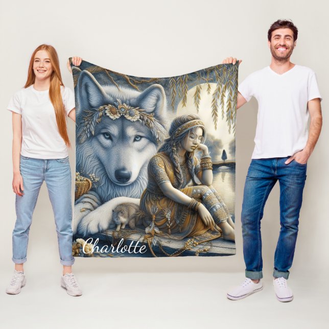 Girl and her wolf share a moment fleece blanket (In Situ)