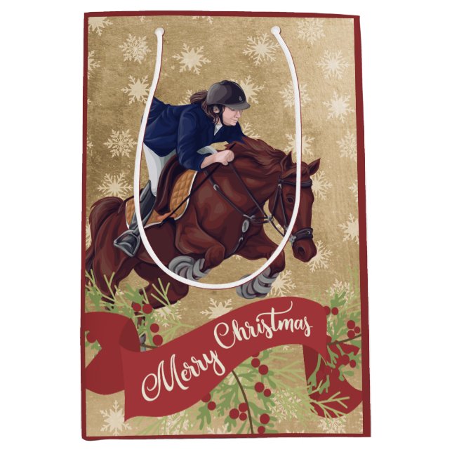 Girl and Horse Jumping Merry Christmas Golden Medium Gift Bag (Front)