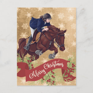 Girl and Horse Jumping Merry Christmas Golden Postcard