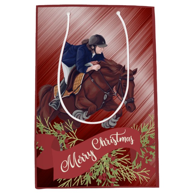 Girl and Horse Jumping Merry Christmas Red Medium Gift Bag (Front)