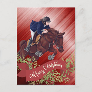 Girl and Horse Jumping Merry Christmas Red Postcard