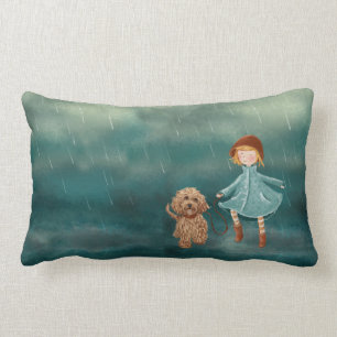 Girl and Labradoodle dog in the rain Lumbar Pillow