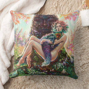Girl and Magicfox fantasy meadow art monogram Throw Pillow