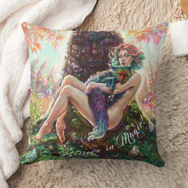 Girl and Magicfox fantasy meadow art monogram Throw Pillow (Blanket)