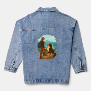 Girl and Mountain Dog Adventure Illustration Denim Jacket