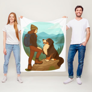 Girl and Mountain Dog Adventure Illustration Fleece Blanket