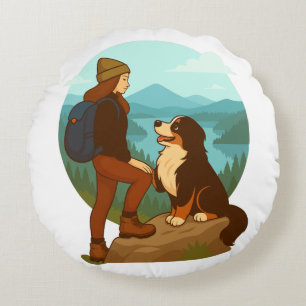 Girl and Mountain Dog Adventure Illustration Round Pillow