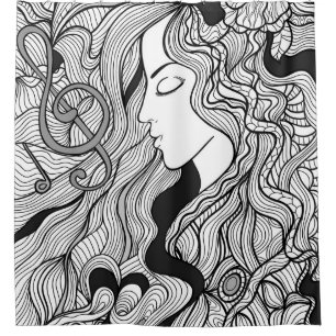 Girl and music. Vintage illustration. Black outlin