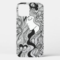 Girl and music. Vintage illustration. Black outlin