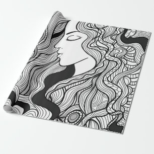 Girl and music. Vintage illustration. Black outlin Wrapping Paper