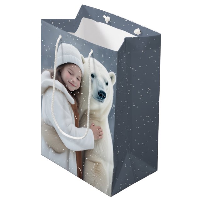 Girl and Polar Bear Hug Medium Gift Bag (Front Angled)