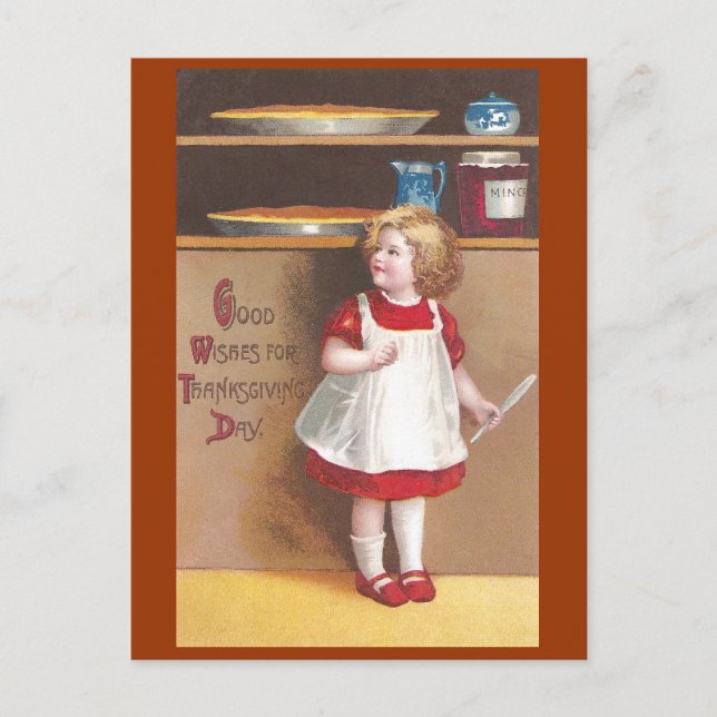 Girl and Pumpkin Pies Vintage Thanksgiving Holiday Postcard (Front)