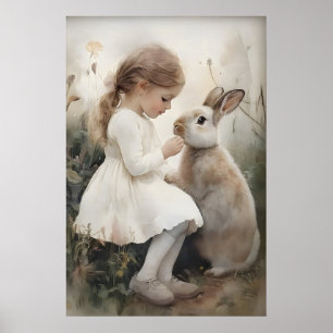 Girl and rabbit bunny print, Easter bunny village Poster