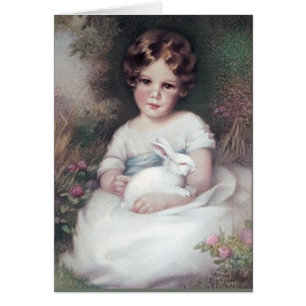Girl and Rabbit, Vintage Art