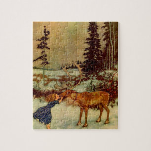 Girl and Reindeer Postcard Jigsaw Puzzle