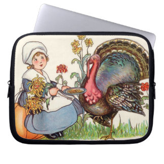 girl and turkey, vintage thanksgiving laptop sleeve