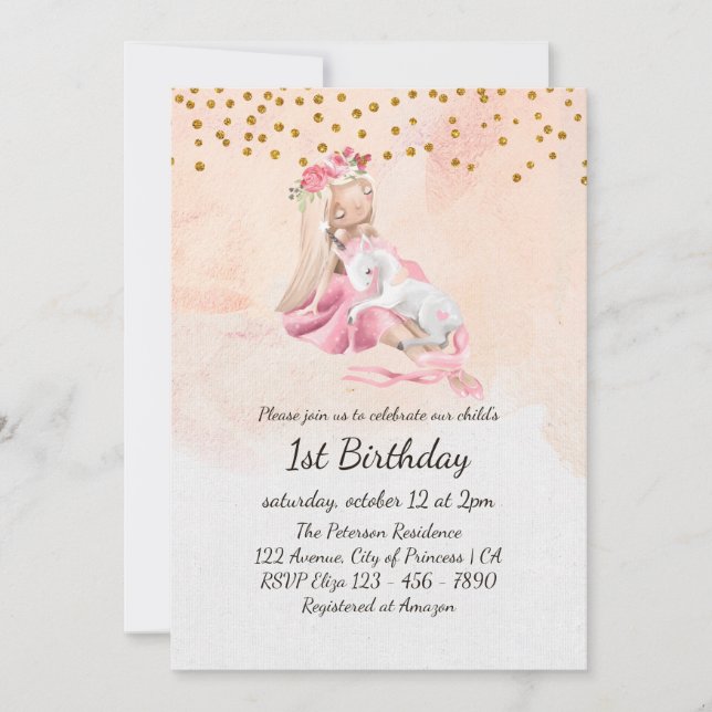 Girl And Unicorn Enchanting Baby 1st Birthdday Invitation (Front)