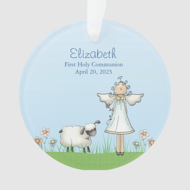 Girl Angel and Lamb, Blue, First Communion Ornament (Front)