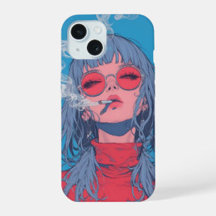 girl anime blue and red illustration smoke iPhone 15 case