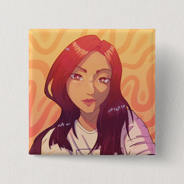 Girl, anime, red. 2 inch square button (Front)