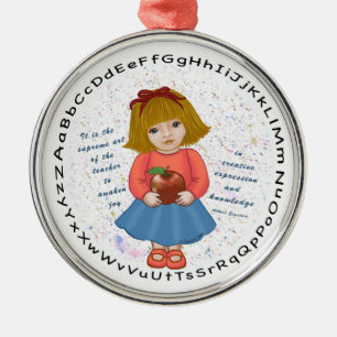 Girl Apple Teacher Metal Ornament
