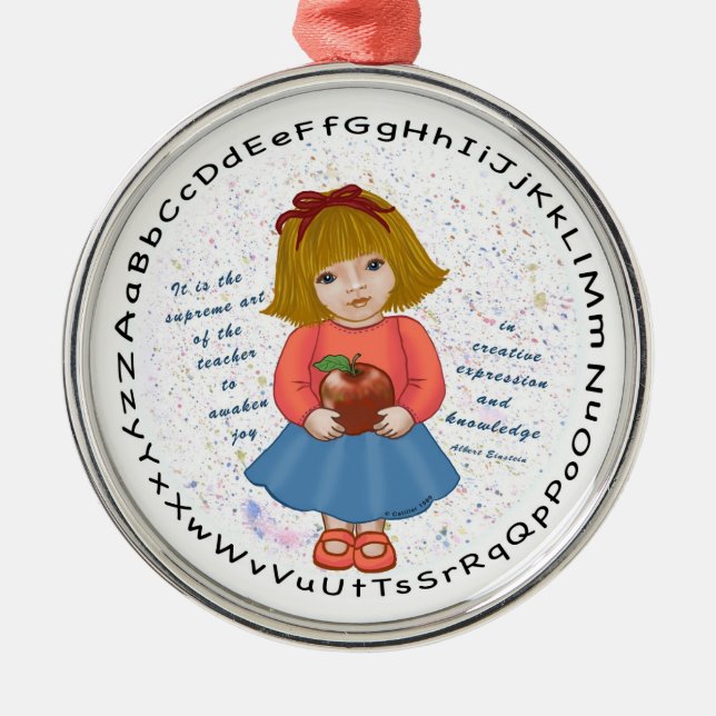 Girl Apple Teacher Metal Ornament (Front)