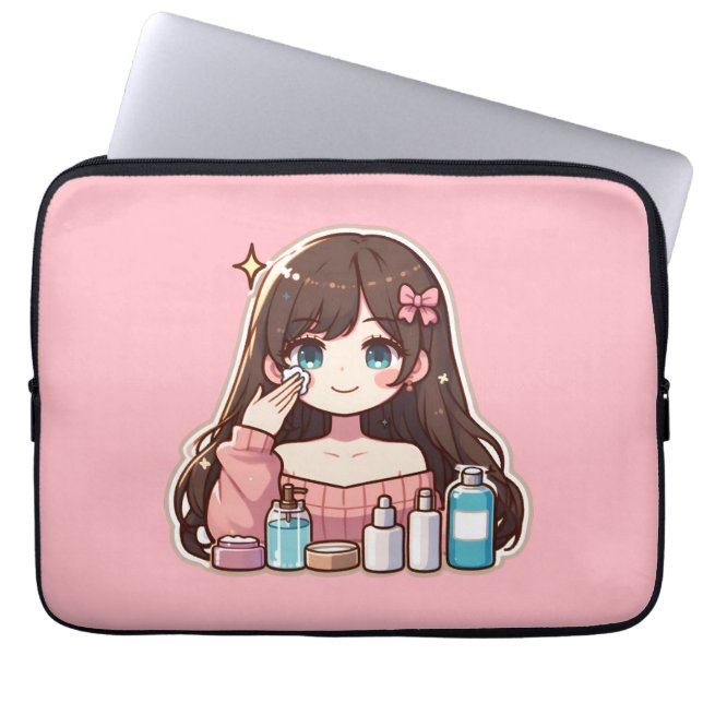 Girl applying skincare cute anime art laptop sleeve (Front)