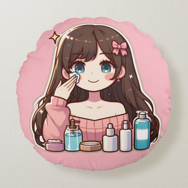 Girl applying skincare cute anime art round pillow (Front)