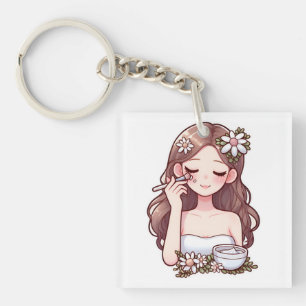 Girl applying skincare keychain