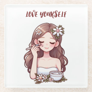 Girl applying skincare Love yourself Glass Coaster