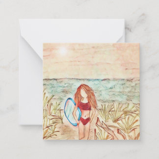 Girl at beach with boogie board mini notecard 2.5"