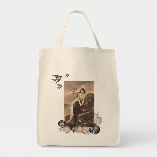 Girl at Seashore with Shells  grocery tote bag (Front)