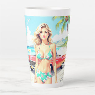 Girl at the beach with a classic car latte mug