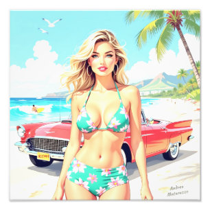 Girl at the beach with a classic car photo print