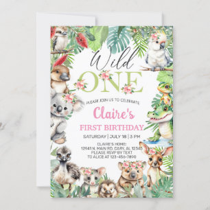 Girl Australian animals Wild One birthday. Invitation