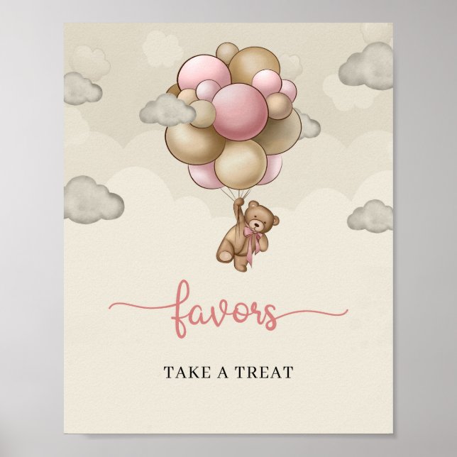 Girl baby bear pink brown balloons favours sign (Front)
