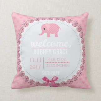 Girl Baby Birth Record | Pink Nursery Elephant Throw Pillow
