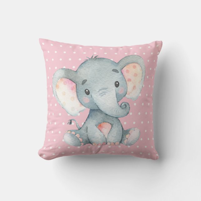 Girl Baby Elephant Pink and Gray Throw Pillow (Front)
