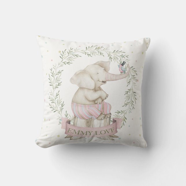 Girl Baby Elephant Pink Green Beige Throw Pillow (Front)