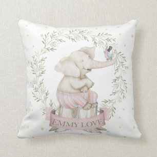 Girl Baby Elephant Pink Green Beige Throw Pillow