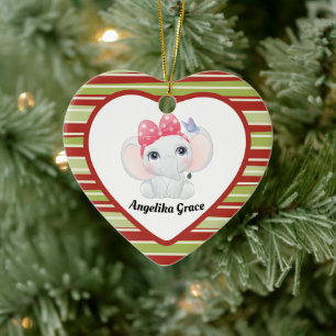 Girl Baby Elephant with Bow Custom Name Ceramic Ornament