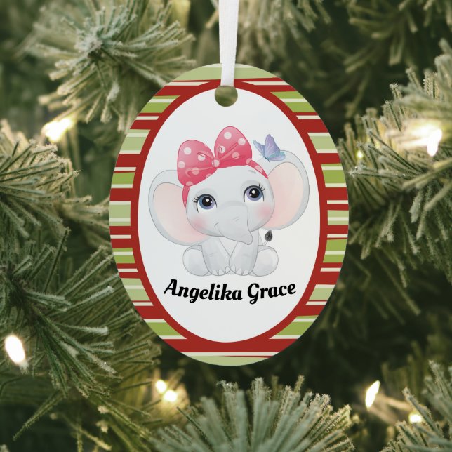 Girl Baby Elephant with Bow Custom Name Metal Ornament (Insitu)